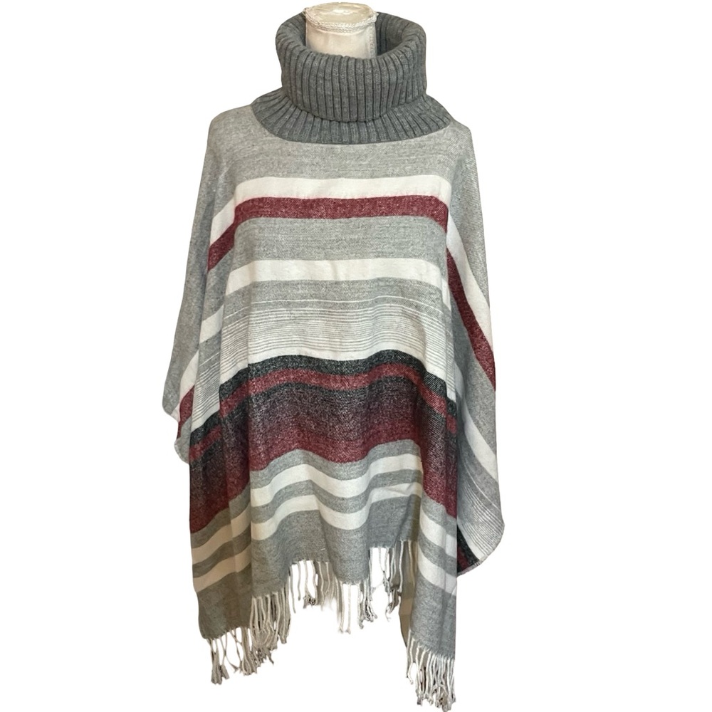 Vince Camuto striped turtleneck fringe poncho knit gray One Size OSFM gray red - Picture 2 of 14
